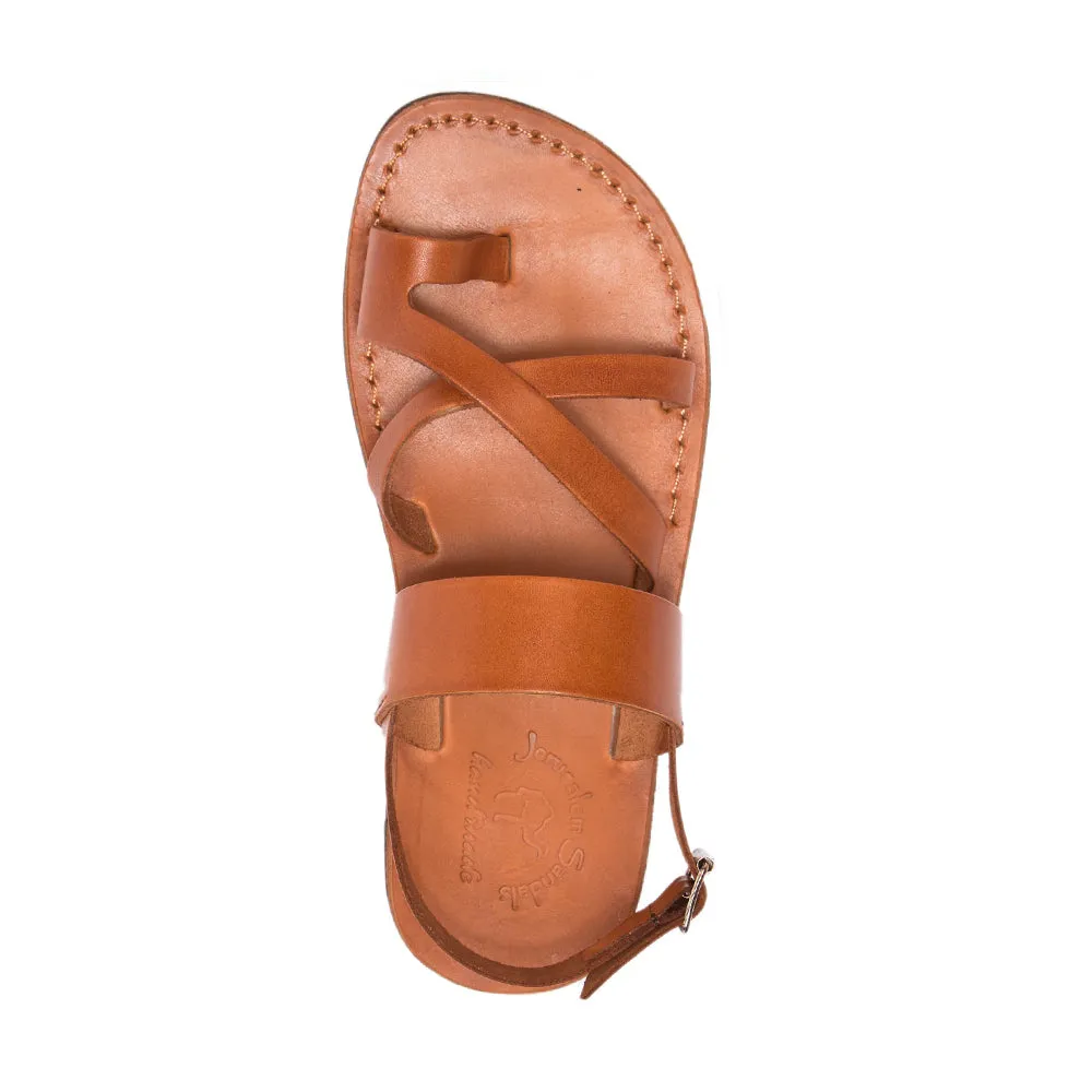 Amos - Leather Ankle Strap Flat Sandal | Honey