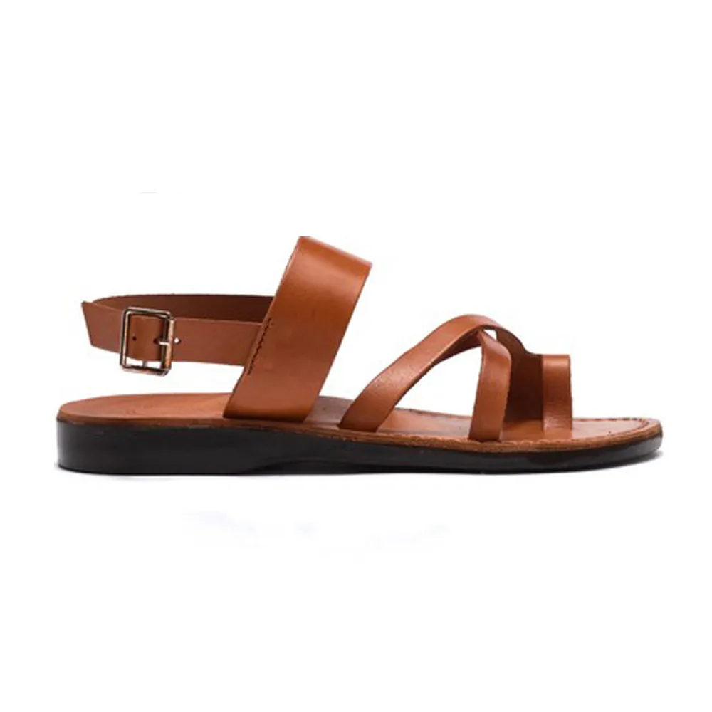 Amos - Leather Ankle Strap Flat Sandal | Honey