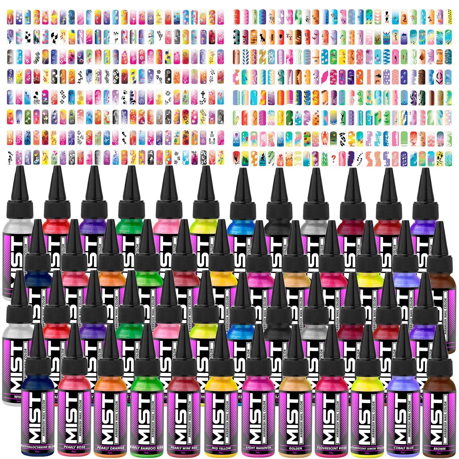 Complete Airbrush Nail Art Kit - 48 Paint 480 Stencil Set