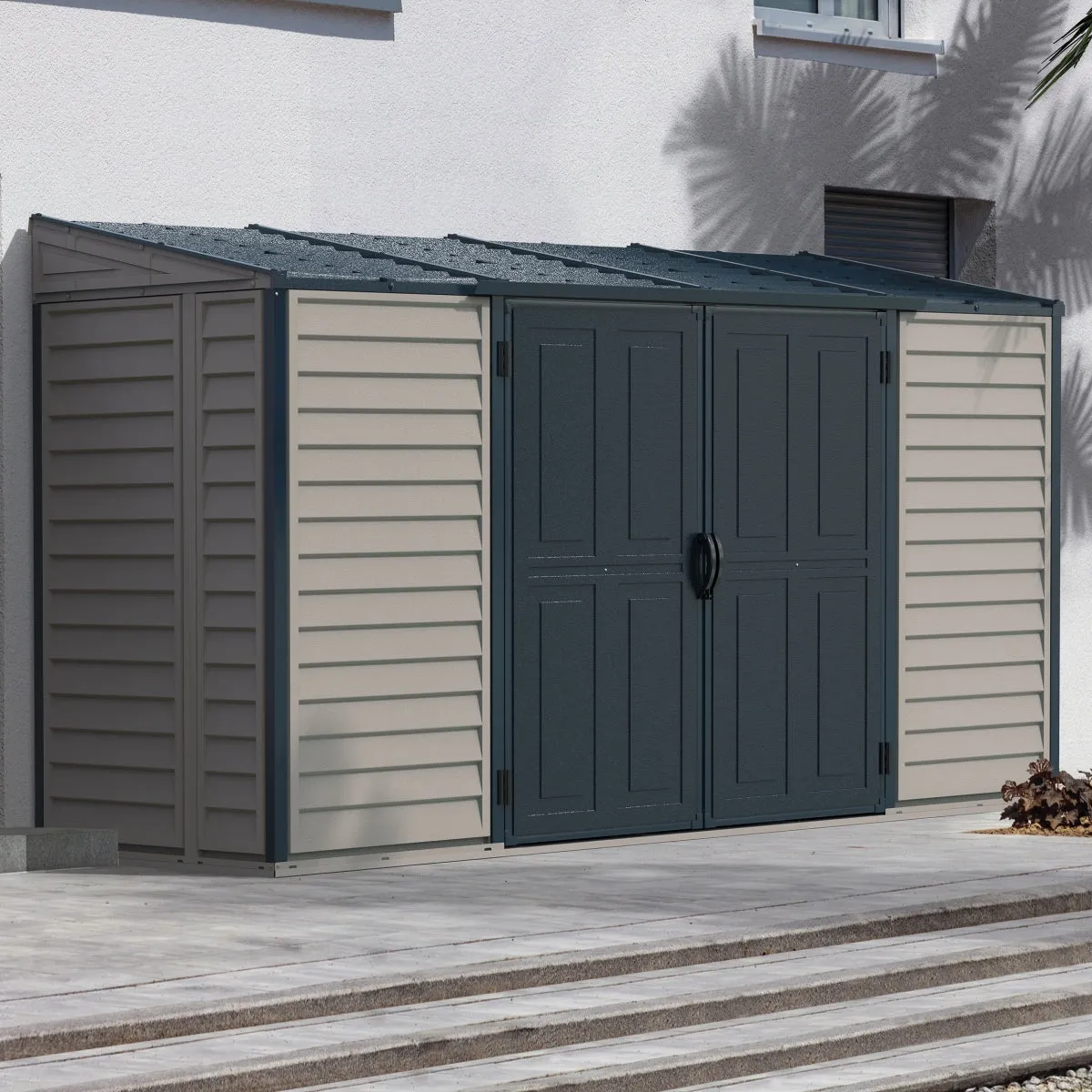 DuraMax | 10x4 ft SideMate Plus Pro Vinyl Plastic Storage Shed with Double Doors and Foundation