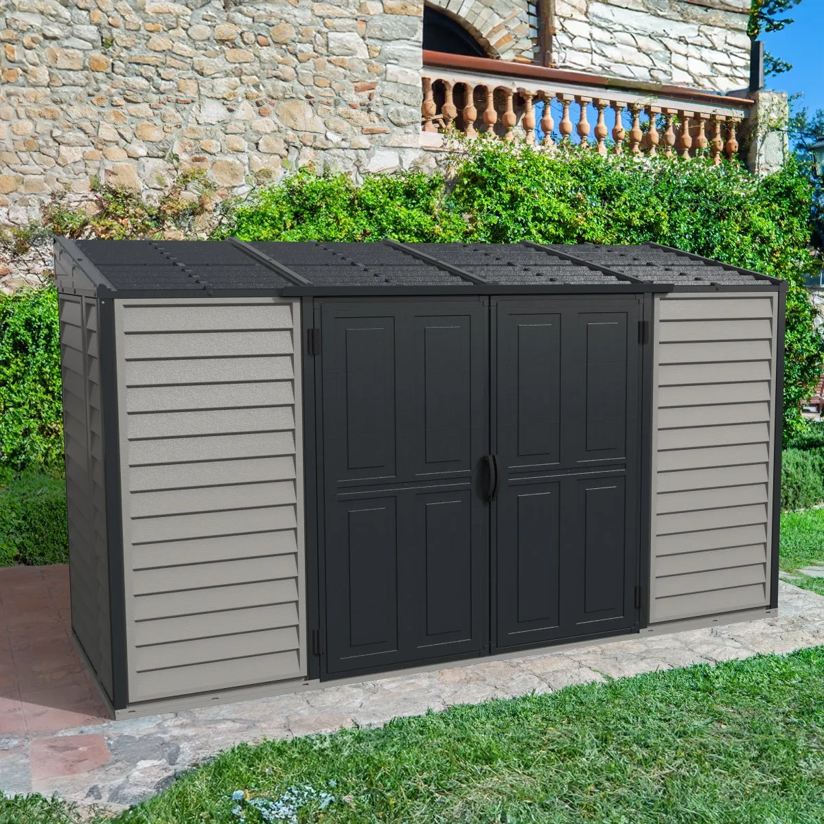 DuraMax | 10x4 ft SideMate Plus Pro Vinyl Plastic Storage Shed with Double Doors and Foundation