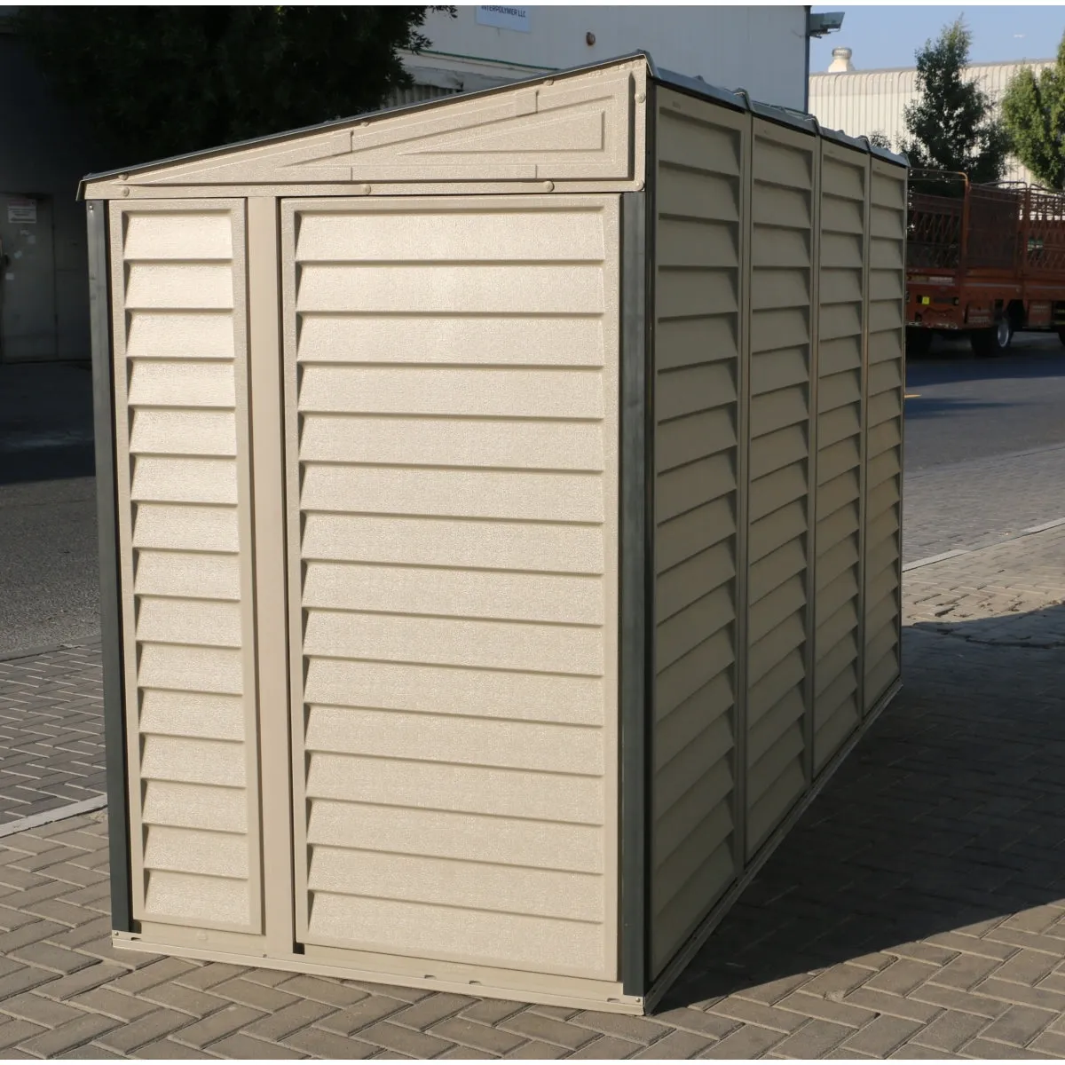 DuraMax | 10x4 ft SideMate Plus Pro Vinyl Plastic Storage Shed with Double Doors and Foundation