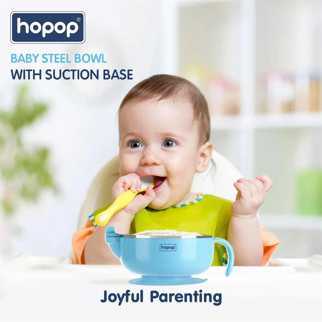 HOPOP Baby Steel Bowl  With Suction Base - Blue 6m 