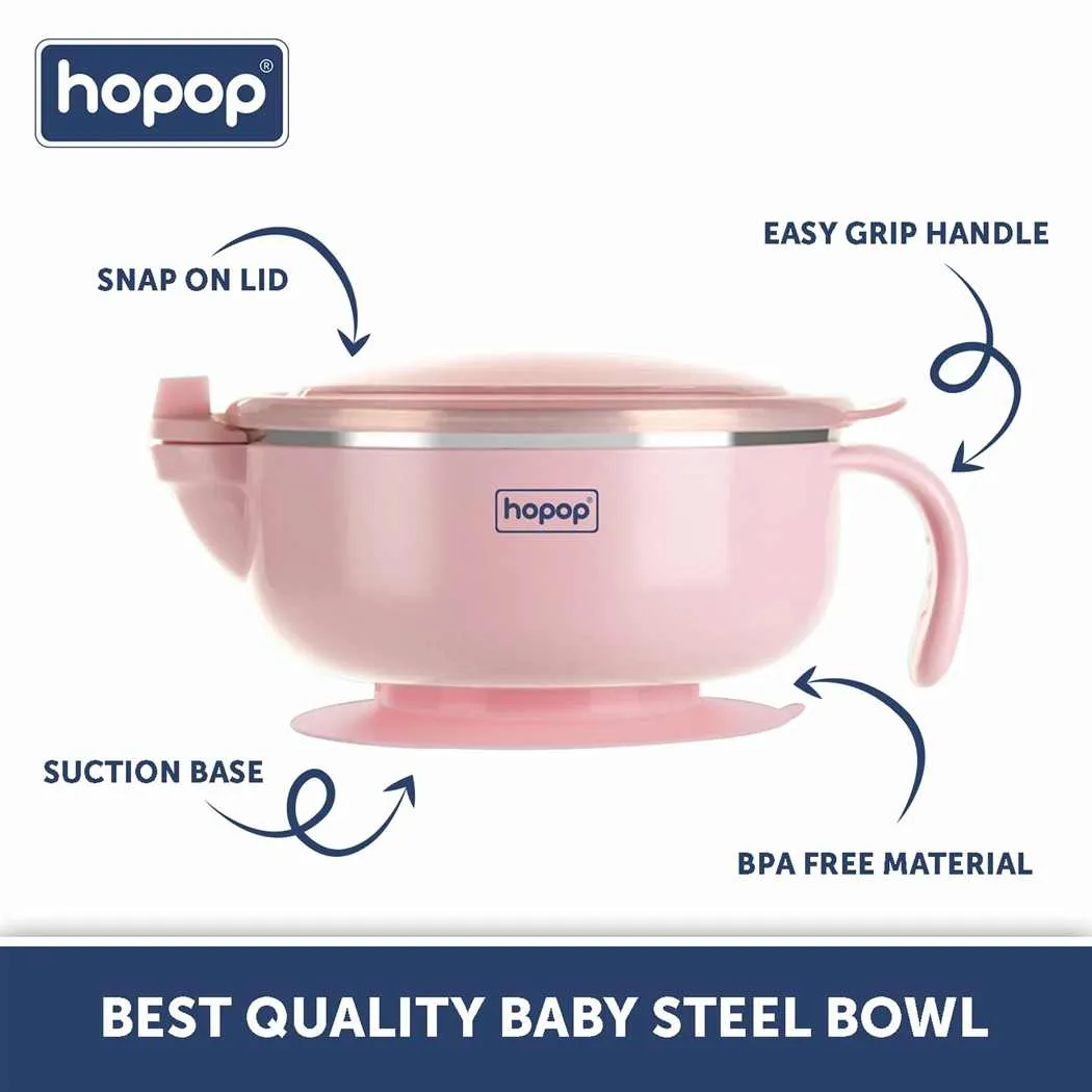 HOPOP Baby Steel Bowl  With Suction Base - Pink 6m 