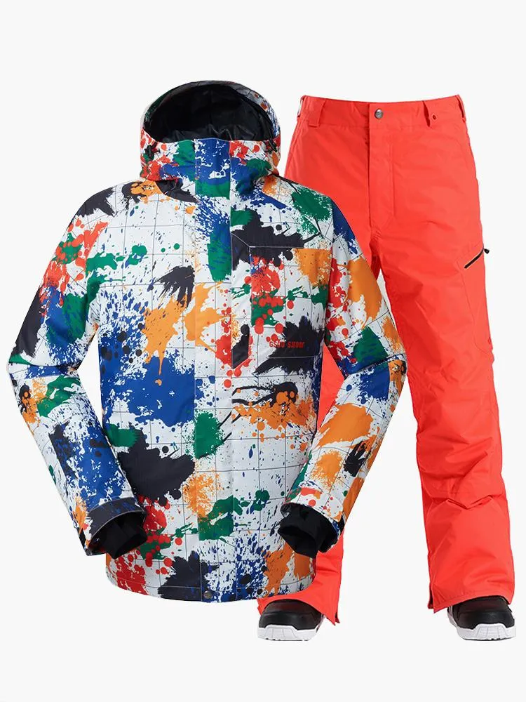 Men's Colorful Printed Windproof Snowboard Jacket Ski Down Jacket Suit