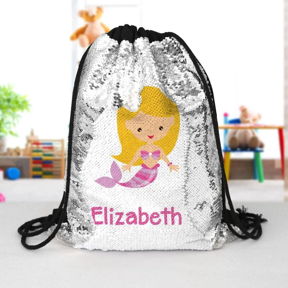 Mermaid Custom Kids Flip Sequin Drawstring Bag | Personalized Backpacks