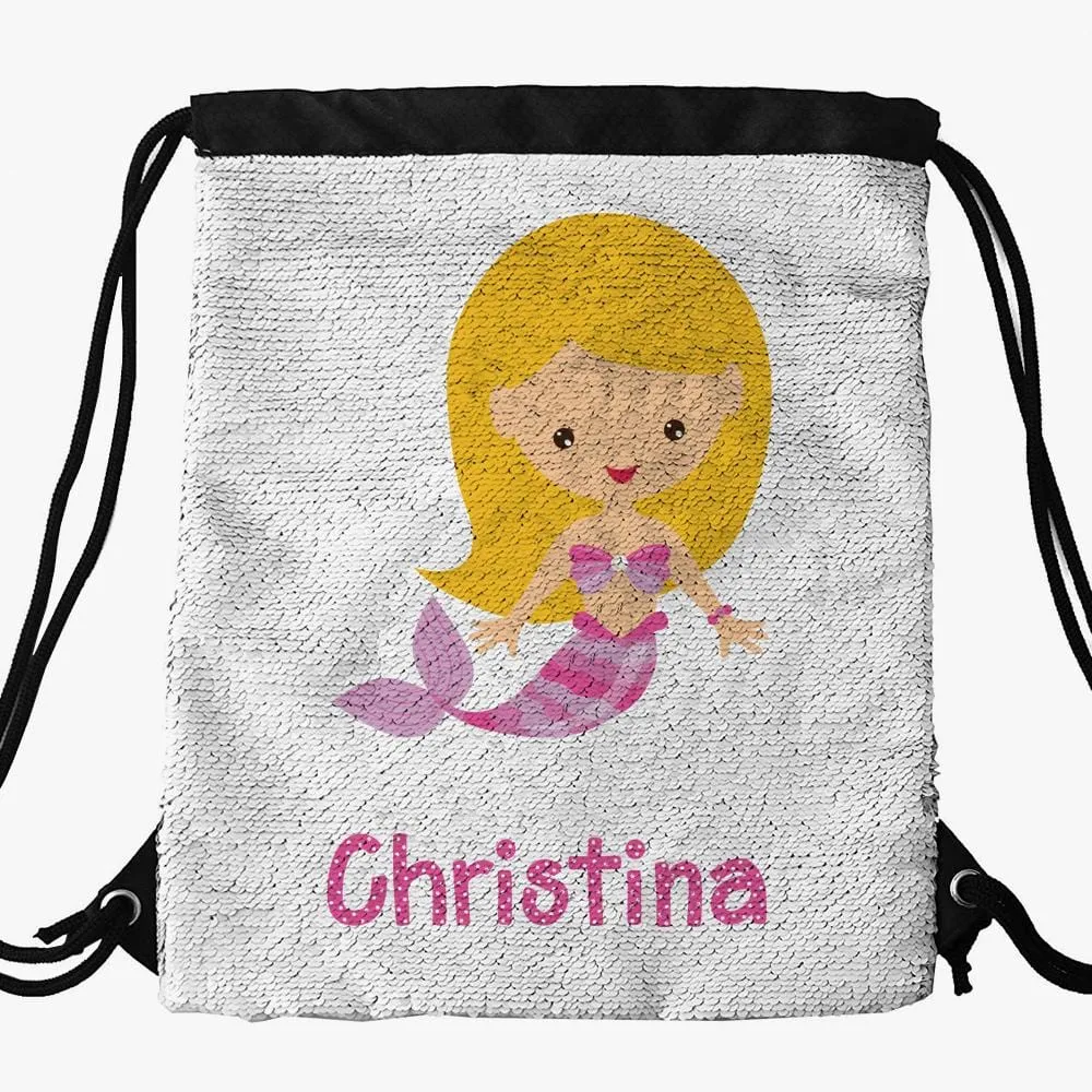 Mermaid Custom Kids Flip Sequin Drawstring Bag | Personalized Backpacks