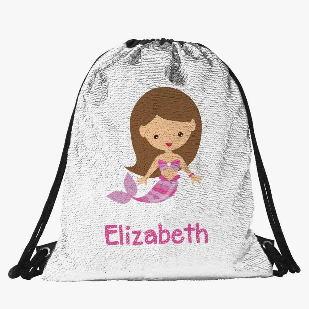 Mermaid Custom Kids Flip Sequin Drawstring Bag | Personalized Backpacks