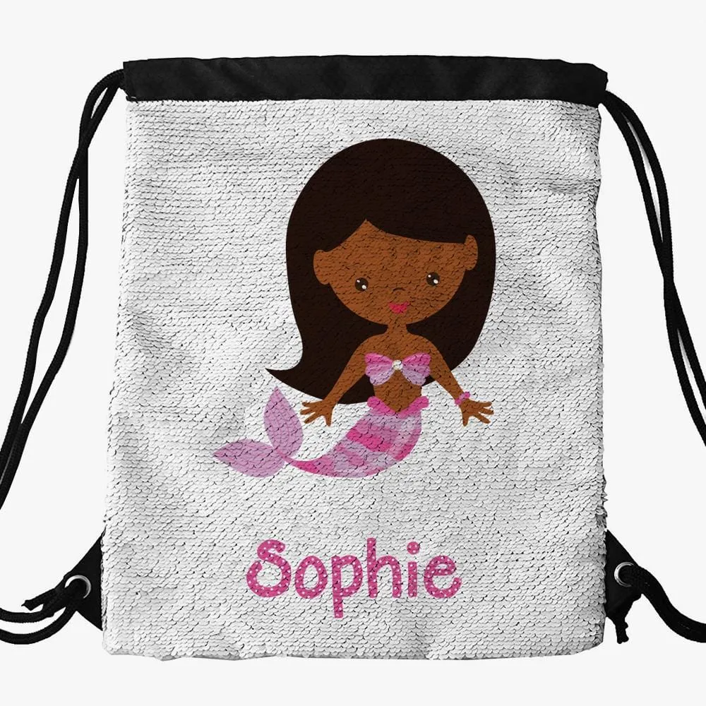 Mermaid Custom Kids Flip Sequin Drawstring Bag | Personalized Backpacks