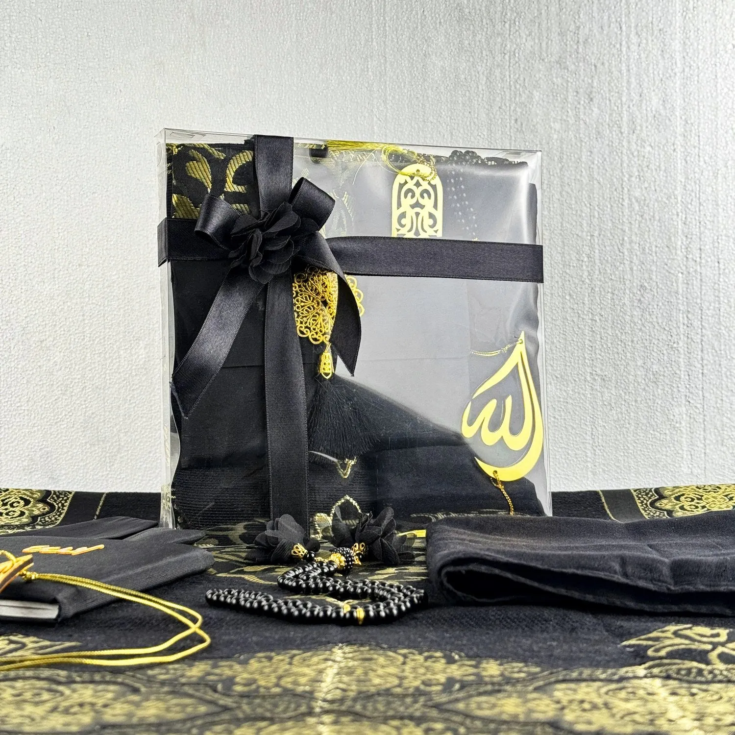 Muslim Prayer Rug, Black Color Prayer Set - Islamic Gift