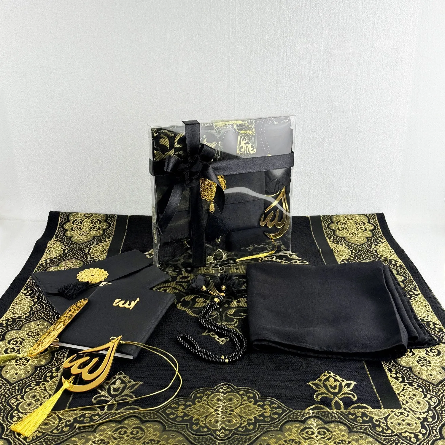 Muslim Prayer Rug, Black Color Prayer Set - Islamic Gift