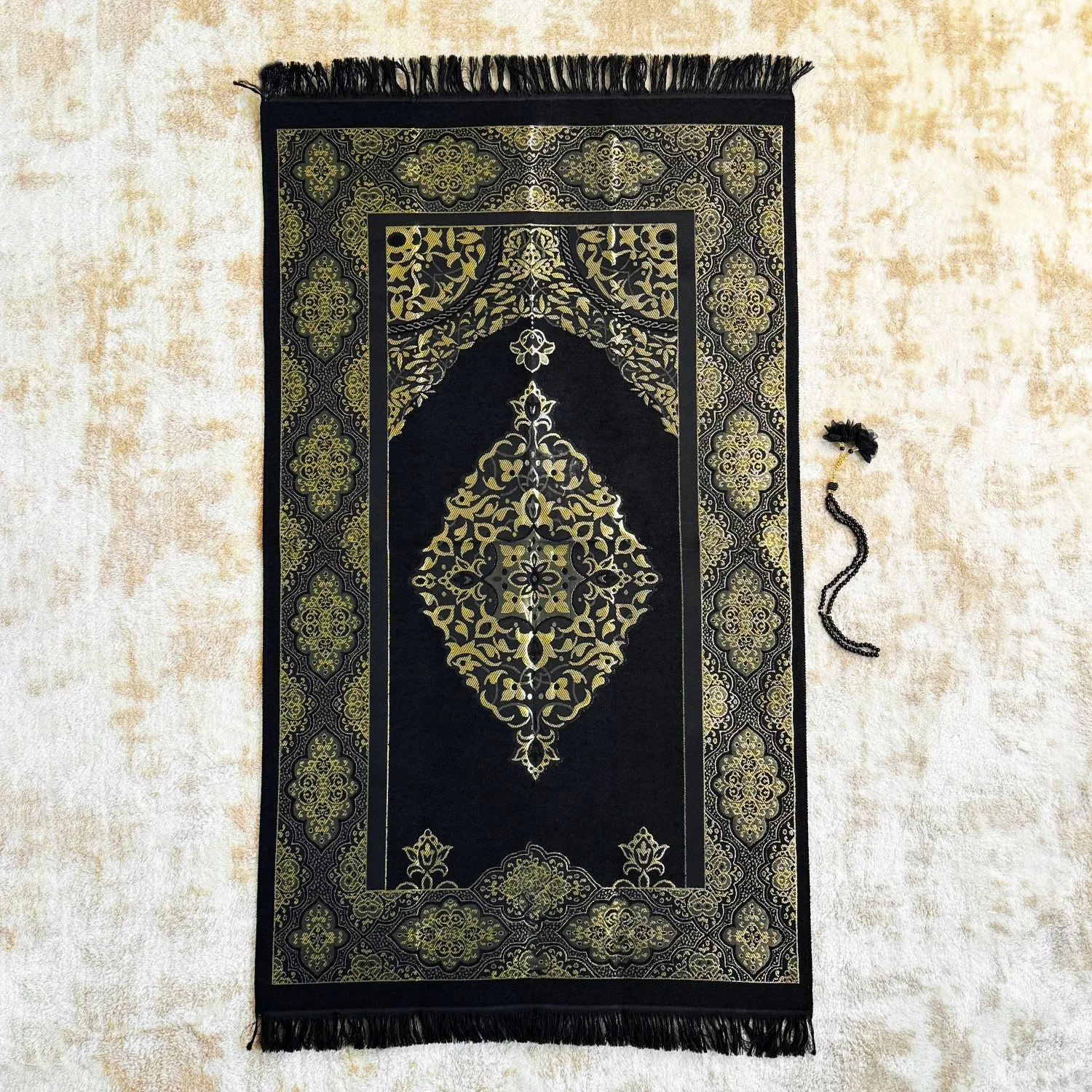 Muslim Prayer Rug, Black Color Prayer Set - Islamic Gift