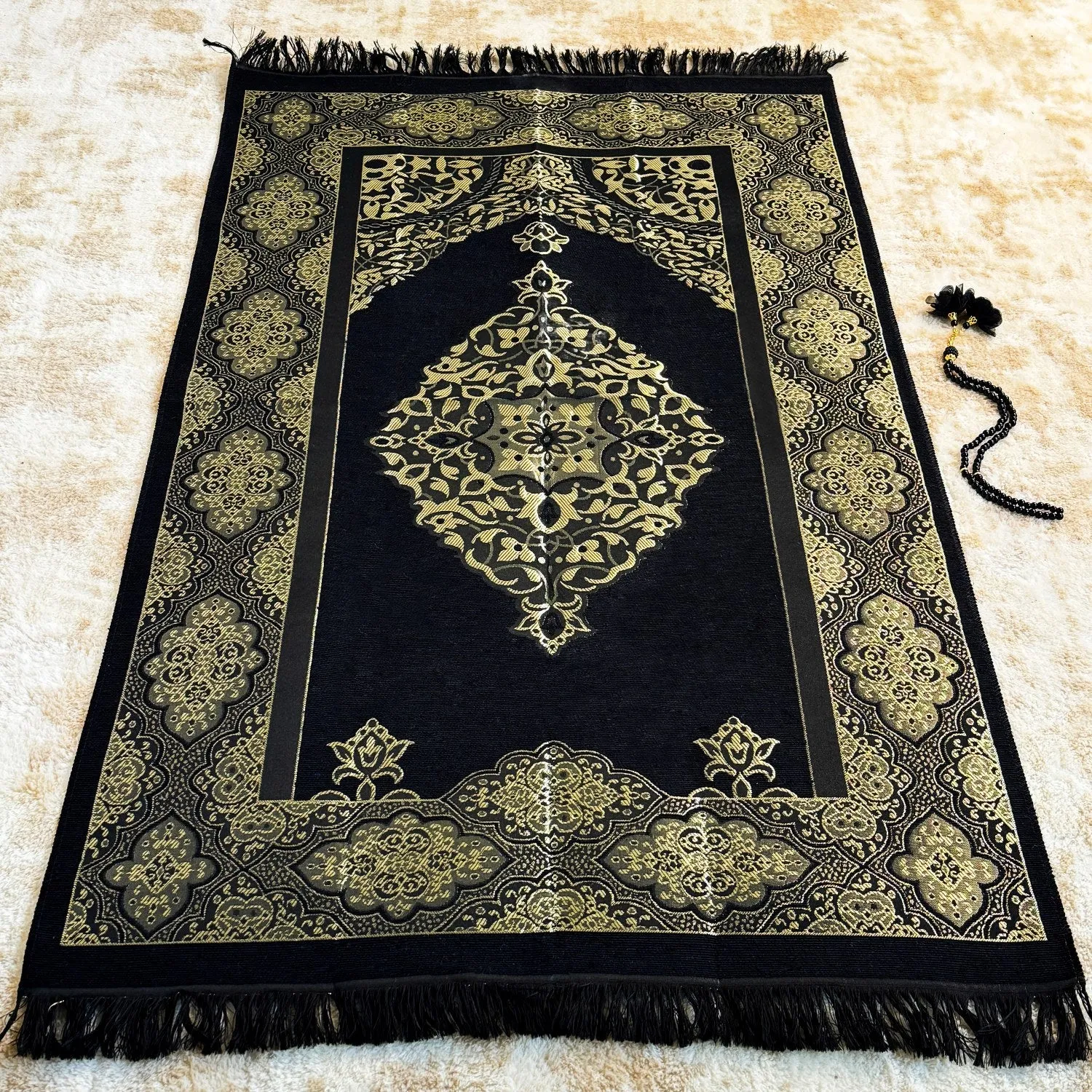 Muslim Prayer Rug, Black Color Prayer Set - Islamic Gift