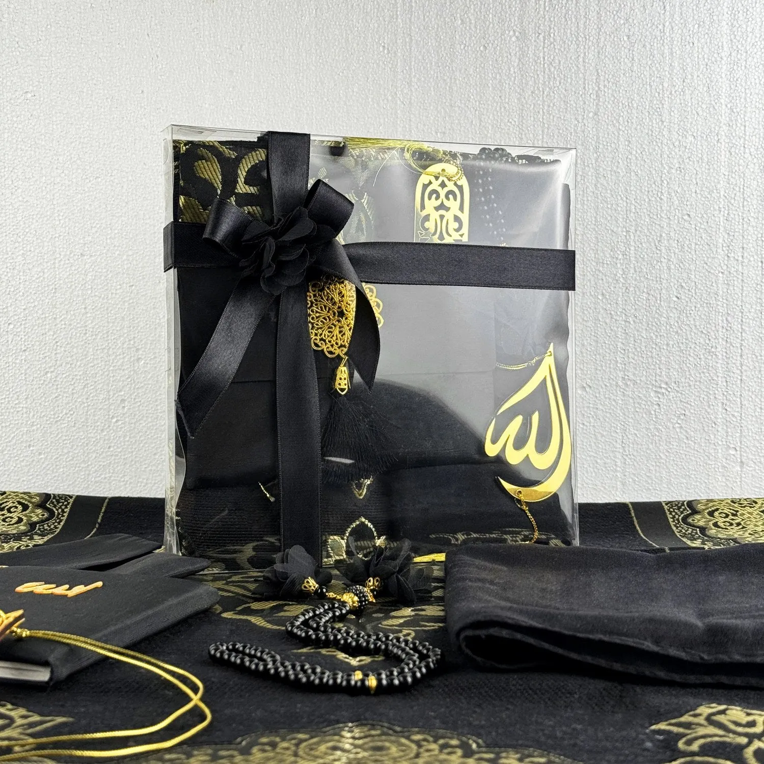 Muslim Prayer Rug, Black Color Prayer Set - Islamic Gift