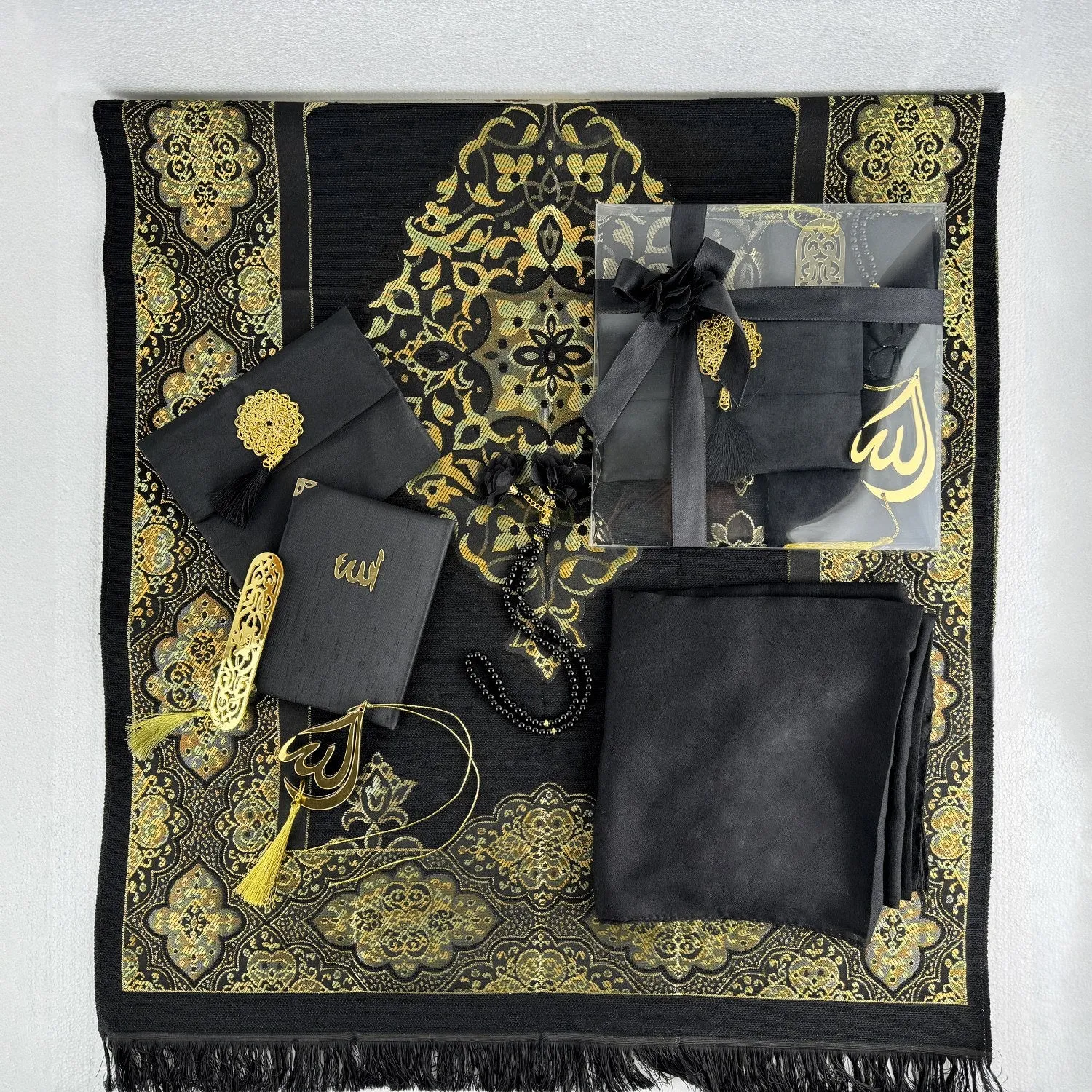 Muslim Prayer Rug, Black Color Prayer Set - Islamic Gift