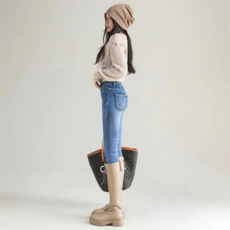 Women Thermal Skinny Jeans Mom Winter Warm Plush Stretch Jeans Lady Fleece Snow Denim Pants Student Pencil Straight Leg Trousers