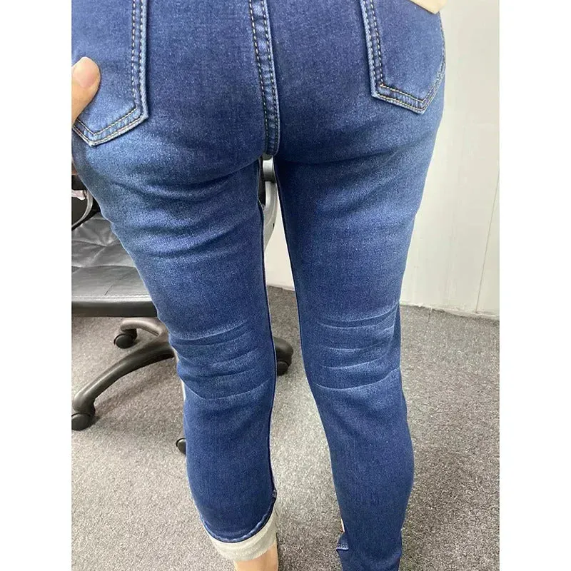 Women Thermal Skinny Jeans Mom Winter Warm Plush Stretch Jeans Lady Fleece Snow Denim Pants Student Pencil Straight Leg Trousers