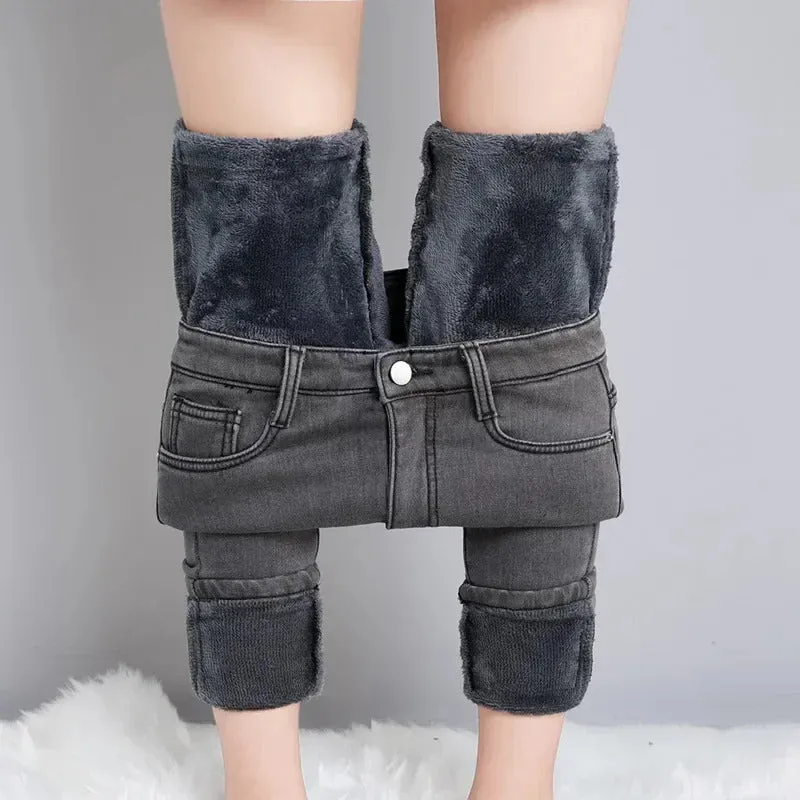 Women Thermal Skinny Jeans Mom Winter Warm Plush Stretch Jeans Lady Fleece Snow Denim Pants Student Pencil Straight Leg Trousers