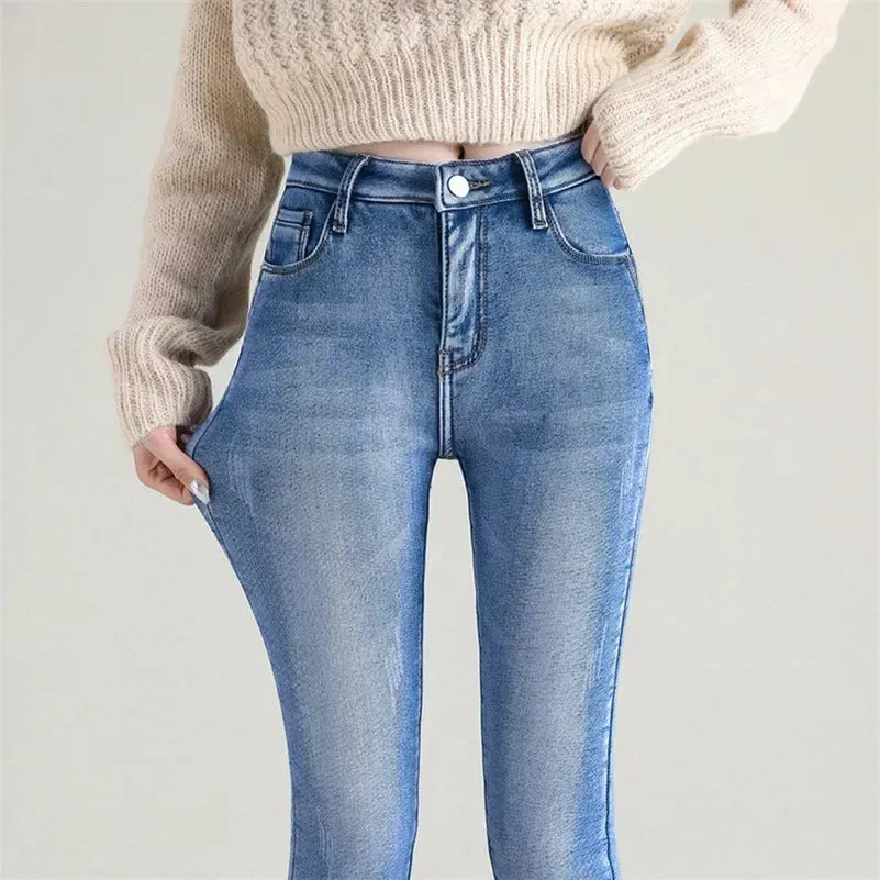 Women Thermal Skinny Jeans Mom Winter Warm Plush Stretch Jeans Lady Fleece Snow Denim Pants Student Pencil Straight Leg Trousers